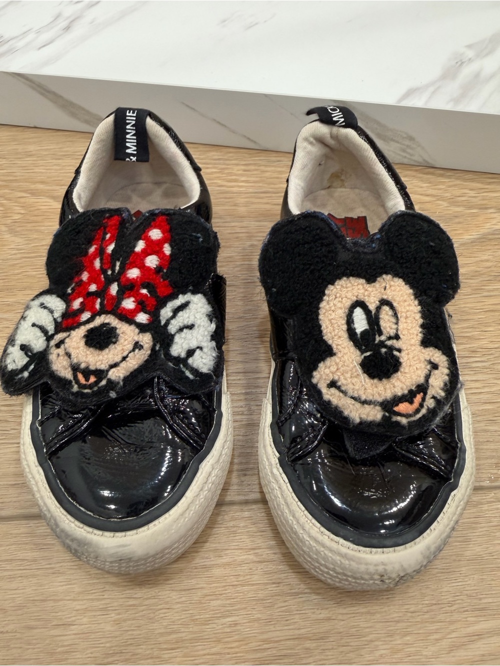 Zara Black Patent Minnie & Mickey Slip-On Sneakers with Red Bow Accents